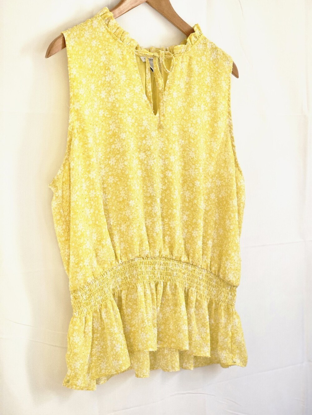 ​Carolina Belle Yellow Floral Smocked Waist Blouse XL Gold Lurex Boho